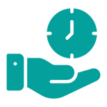 Teal icon of a hand holding a clock, symbolizing time management or scheduling.